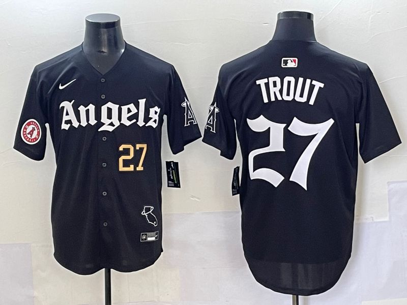 Men 2025 Los Angeles Angels #27 Trout Black Five generations Joint Name Nike MLB Jersey style 3
